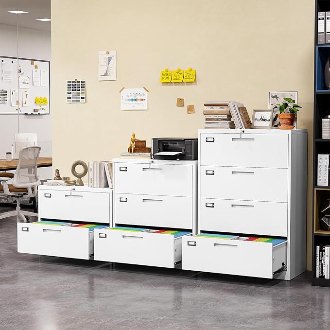 Lateral File Cabinet, Metal Filing Cabinet with Lock, 3 Drawer File Cabinets for Home Office, Office Cabinet for Hanging Files Letter/Legal/F4/A4, Assembly Required, White