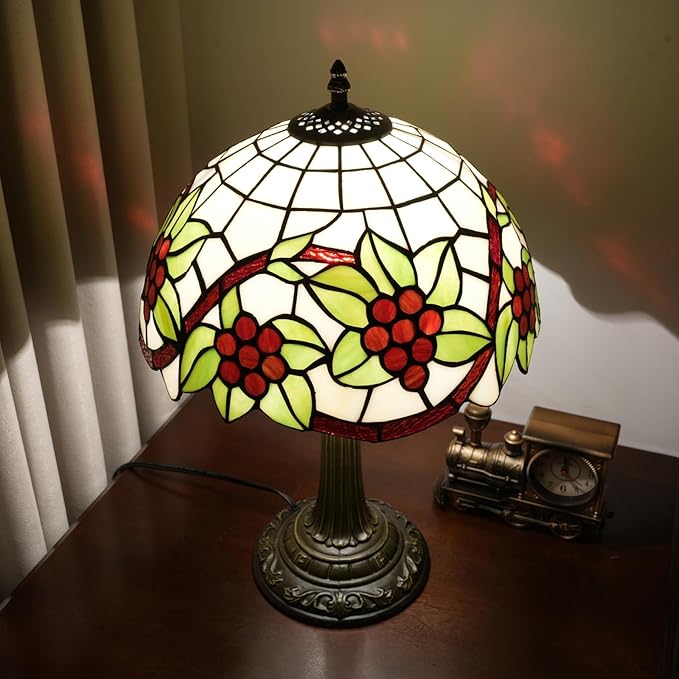 Tiffany Lamp Stained Glass Table Lamp 12 Inch Green Leaves Red Grapes Retro Art Nouveau Bedside Lamp for Living Room Bedroom Study Office Coffee Shop Cafe Home Decor Vintage Tiffany Style Lamp Gift