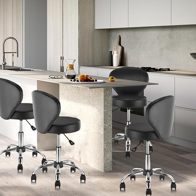Pu Leather Round Rolling Swivel Salon Stool Chair, with Adjustable Height and Back Support for Office Massage Facial Spa Medical Drafting Tattoo Beauty Barber Black 4PK