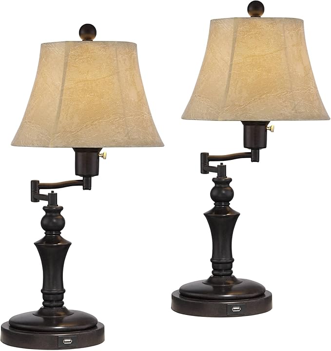 Regency Hill Corey 21 3/4" High Small Farmhouse Rustic Traditional Desk Lamps Set of 2 USB Port with Socket Swing Arm Brown Bronze Finish Metal Shade Home Office Living Room Charging Bedroom Bedside