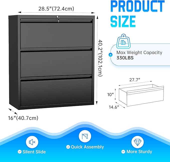 Greenvelly Lateral File Cabinet with Lock,3 Drawer Metal Filing Cabinet for Home Office, Black Steel Lateral File Drawers, Wide Office File Cabinet with Hanging Bars for A4 Legal/Letter Size