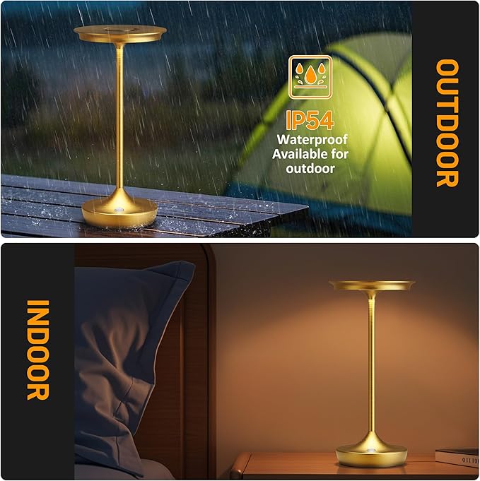 LED Rechargeable Cordless Table Lamps, Portable Outdoor Battery Operated Table Light 3 Color Stepless Dimming Table Lamp with Memory Function for Patio Restaurant Dining Room Gold