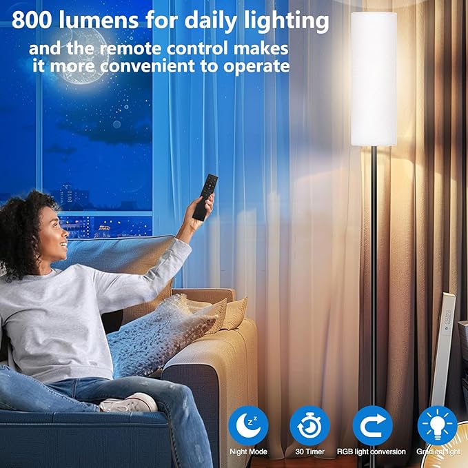 Smart LED Floor Lamp with APP Control & RGB Colors - Dimmable Standing Lamp for Living Room, Bedroom, Gaming - Remote, Timer, 9W Bulb Included, 67" Modern Tall Lamp (White)