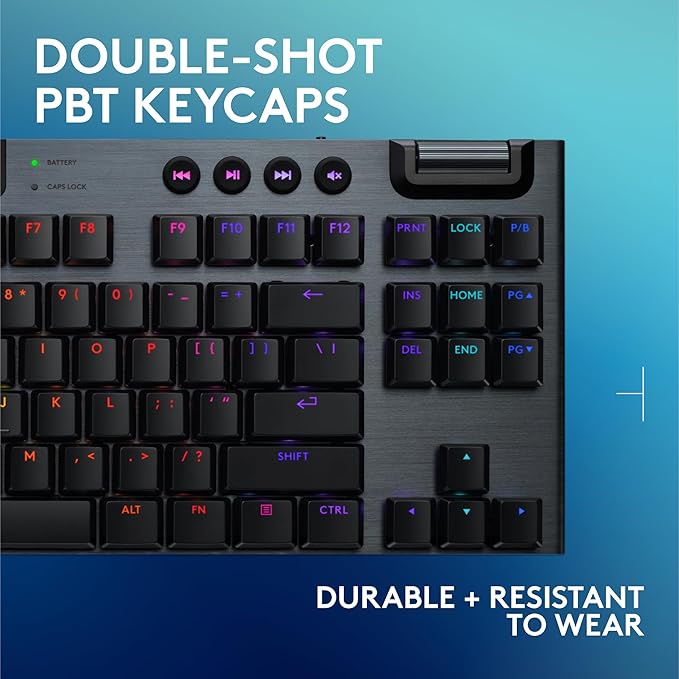 Logitech G915 X Lightspeed TKL Wireless Mechanical Gaming Keyboard, Double-Shot PBT Keycaps, Fully Programmable Keys, RGB Backlit Mac/PC Gaming Keyboards, Aluminum Finish, GL Clicky Switches, Black