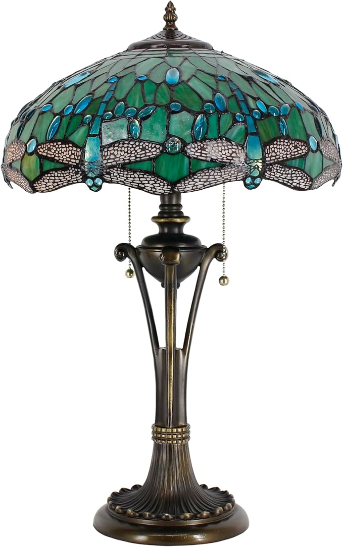 Tiffany Table Lamp Green Stained Glass Desk Lamp 16X16X24Inches Dragonfly Style Reading Light