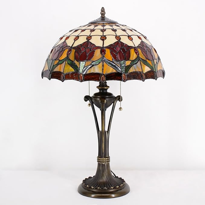 Tiffany Table Lamp Red Amber Stained Glass Desk Lamp 16X16X24 Inches Tulip Flower Style Reading Light