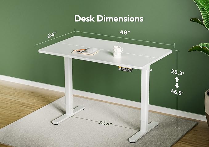 Seang Electric Standing Desk, Adjustable Height Stand up Desk with 3 Memory Presets, 48x24 Inch Sit Stand with Splice Board for Home Office Computer Workstation, White Frame/White Top