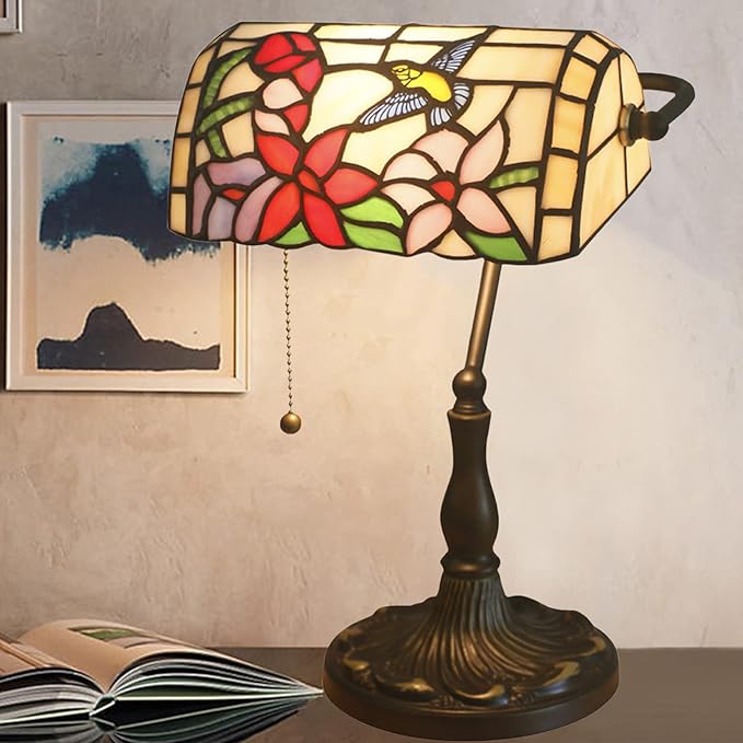 Tiffany Style Stained Glass Bankers Desk Lamp, Rose Flower Pattern, Multicolor, Alloy Base, 10.62" W x 15.35" H