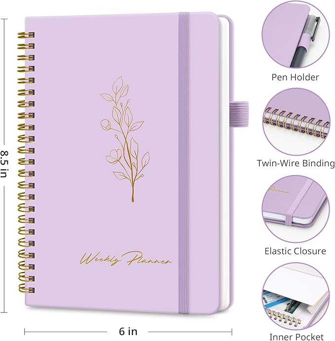 Undated Weekly Planner, Weekly To Do List Notebook with Goal & Habit Tracker Organizer, A5 Weekly Planner Notebook with Spiral Binding, 6.1" x 8.2" - Purple