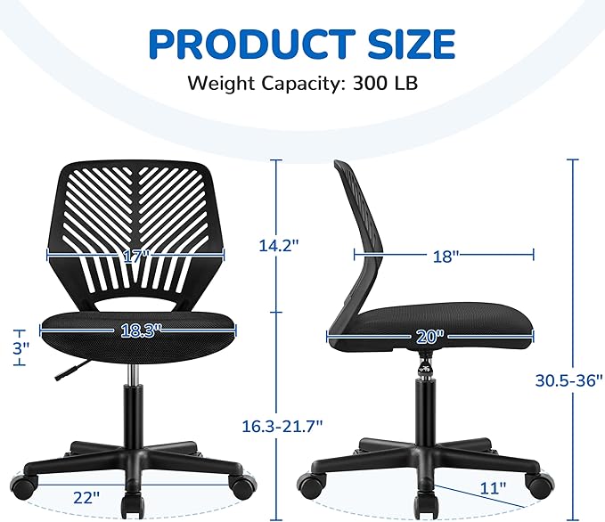 Yaheetech Students Cute Desk Chair Low-Back Armless Study Chair w/Lumbar Support Adjustable Swivel Chair in Home Bedroom School, Black