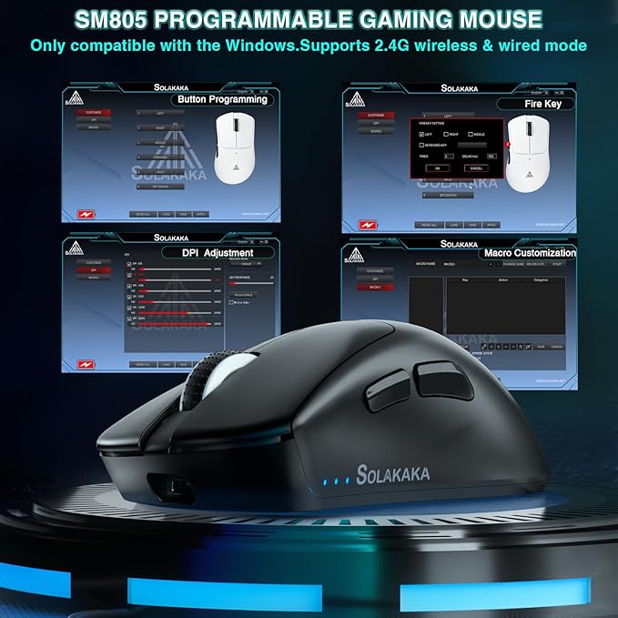 SOLAKAKA SM805 Lightweight Wireless Gaming Mouse,24000 DPI,Tri-Modes Connection,BT5.0/Type-C Wired/2.4G Wireless Mouse Gaming with 2 Side Buttons, Engineering Grip Custom Mouse for Gamer,Black