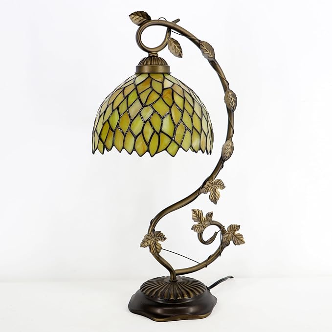 Tiffany Table Lamp, Stained Glass Desk Reading Light,Metal Leaf Table Lamp Base 8X10X21 Inches (Yellow Wisteria)