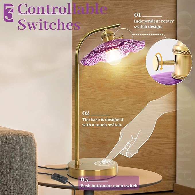 Mid Century Modern Table Lamp Gold Table Lamps Side Table Lamp with Glass Flower Shade Vintage Nightstand Lamp Purple Desk Lamp Touch Bedside Lamp for Bedroom Nightstand Living Room End Table