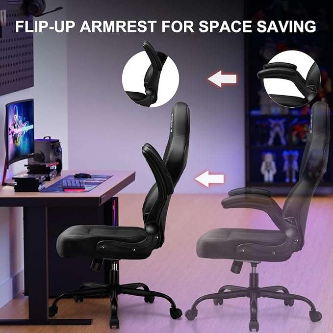 GTPLAYER Video Gaming Chair, Ergonomic Computer Gaming Chair with Flip-Up Armrests and Adjustable Height, Comfortable Desk Chairs with Built-in Lumbar Support, Recliner with 360°Swivel (Dark Black)
