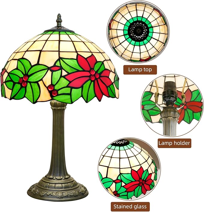 Tiffany Lamp Stained Glass Table Lamp 12 Inch Green Red Christmas Flower Warm Color Reading Lamp Suitable Shops Dormitories Home and Office Decoration Tiffany Style Retro Holiday Home Decoration Gift