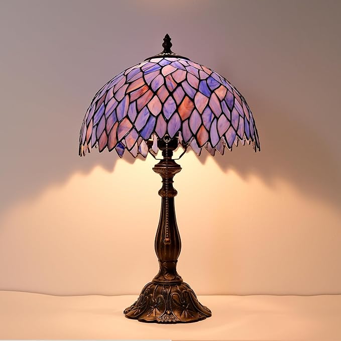 Tiffany Style Table Lamp Vintage Stained Glass Desk Lamp Deep Blue Purple Wisteria Bedside Reading Light Decor Bedroom Living Room Home Office D12 xH18