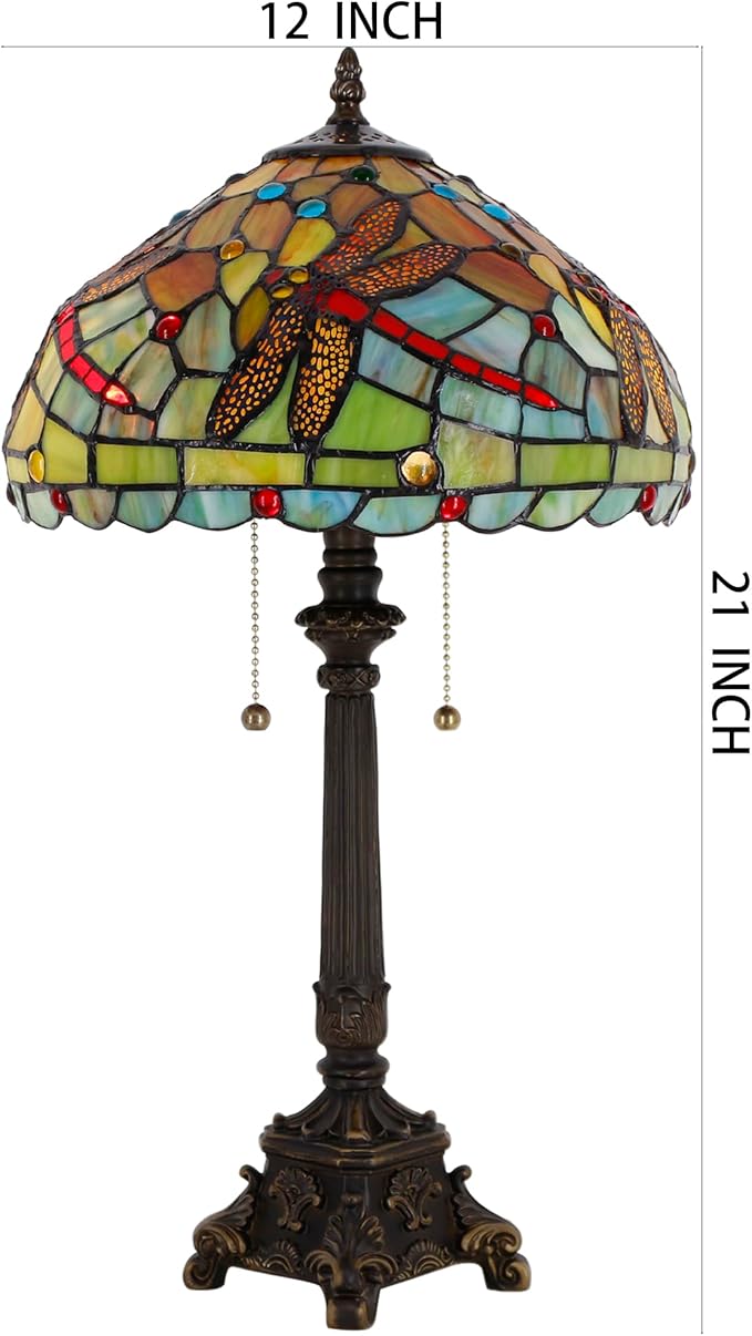 Tiffany Table Lamp Green Red Stained Glass Desk Lamp 12X12X21 Inches Dragonfly Style Reading Light
