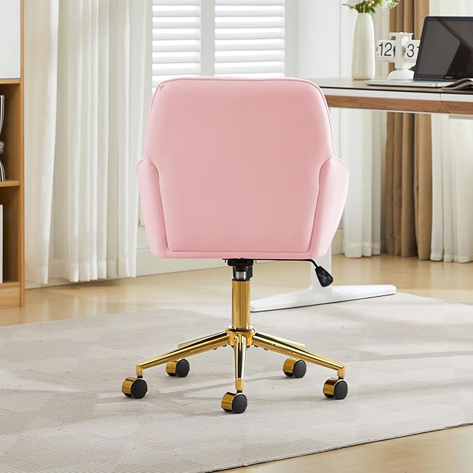 YISHENG Velvet Office Desk Chair with Gold Base, with Wheels,Modern Height Adjustable 360 Degree Swivel Upholstered Vanity Chairs with Arms for Living Room Bedroom,Pink