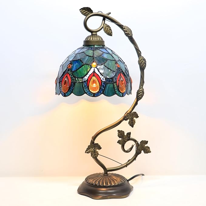 Tiffany Table Lamp, Stained Glass Desk Reading Light,Metal Leaf Table Lamp Base 8X10X21 Inches (Brown Crystal)