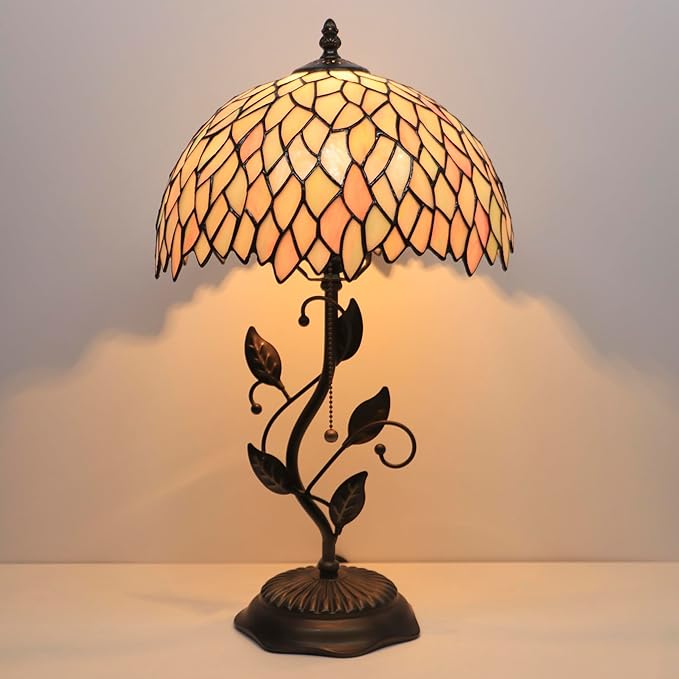 Tiffany Table Lamp, Stained Glass Style Desk Lamp, 12X12X19 Inch,Bedside Reading Light, Metal Leaf Base (Seven Color Wisteria)