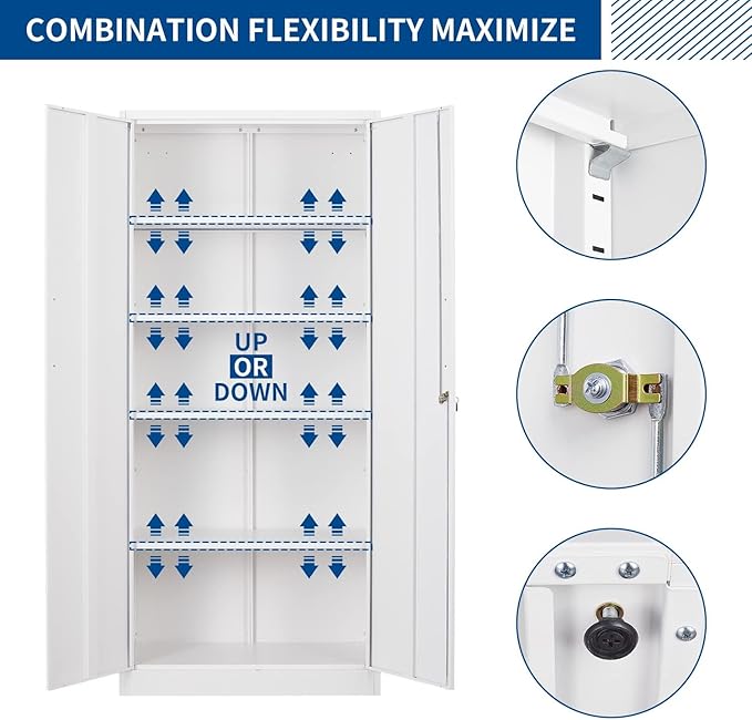 Metal Storage Cabinet-71” Tall Steel File Cabinets with Lockable Doors and Adjustable Shelves-White Steel Storage Cabinet for Home, School, Office, Garage