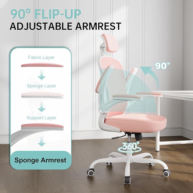 Office Chair Ergonomic Desk Chair, 330LBS Capacity, High Back Computer Chair for Long Hours Comfortable, Rolling Swivel Executive Task Chair for Home Office with Flip-up Armrests(White Pink)
