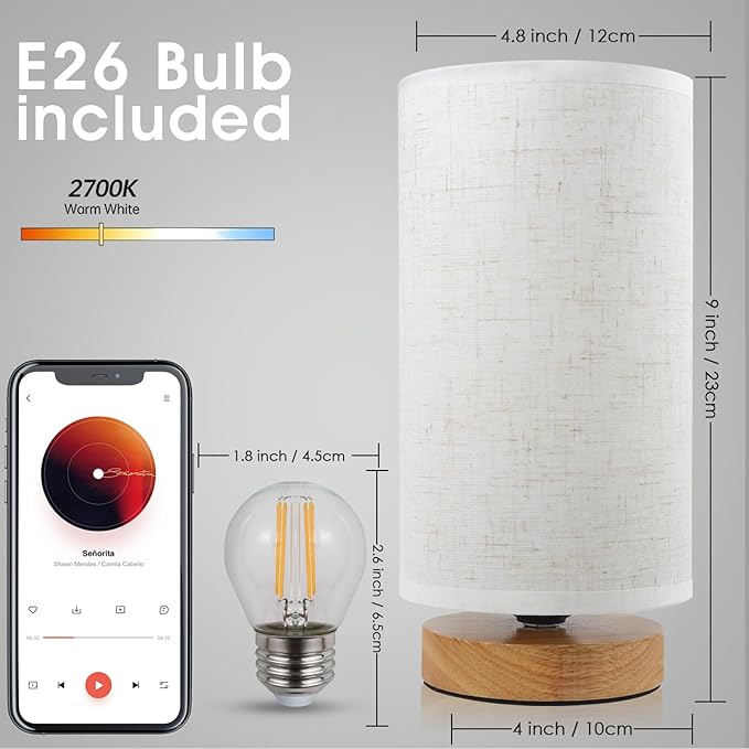 Table Lamps for Bedrooms Set of 2, Minimalist Bedside Lamps Set with Round Fabric Linen Shade,Reading Small Desk Lamp Set of 2 for Kids Room, Night Nightstand Lamp Set for Living Room, Office