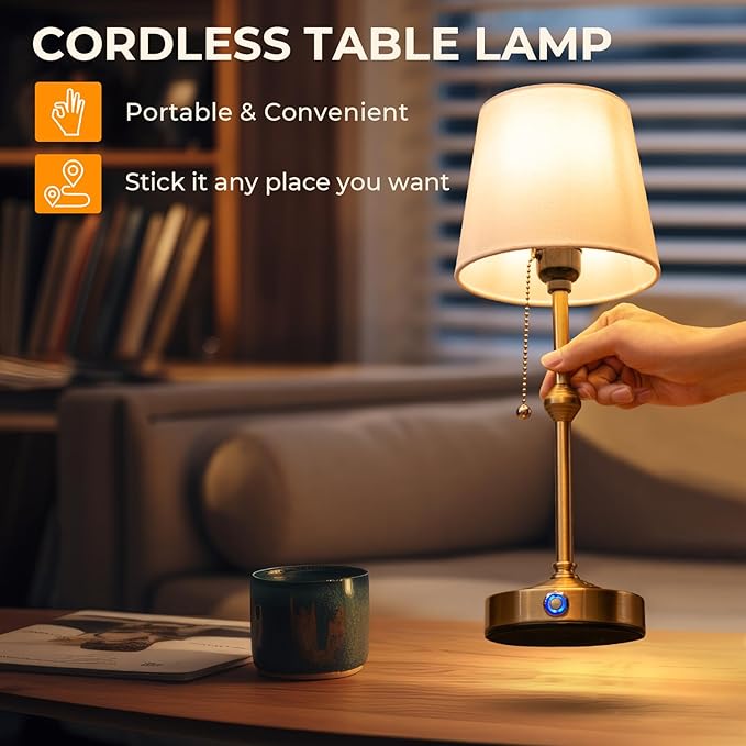 Rechargeable Cordless Table Lamp: Battery Powered Lamp,3 Level Brightness - Bedside Night Lamp, Ambient Light for Restaurant, Home, Bedroom, Dining Room, Camping, Cafe(Gold)