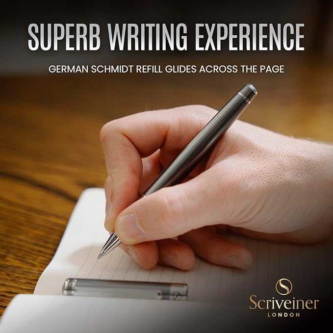 Scriveiner Dark Grey Rollerball Pen - Stunning Luxury Pen With Chrome Finish, Schmidt Ink Refill, Best Roller Ball Gift Set for Men & Women, Professional, Executive Office, Nice Pens