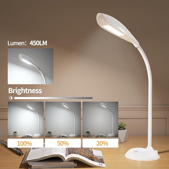 Desk Lamp, LED Eye-Caring Table Lamp, Study Lamps with Flexible Goose Neck for Bedroom, Eye-Caring Light, 3 Brightness 360° Rotation Touch Table Gooseneck Lamp, Bright for Bedroom, Study, Home Office