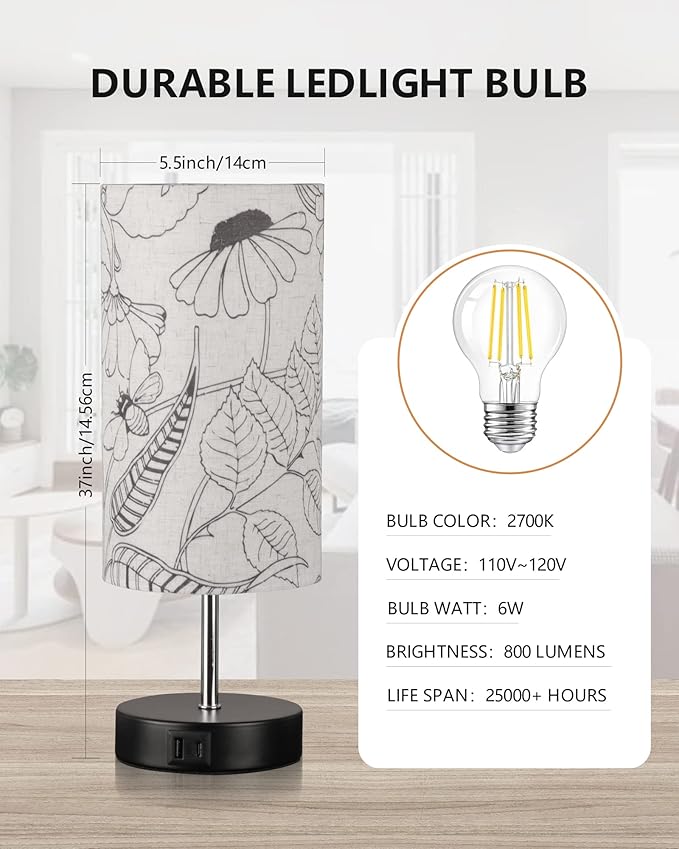 Touch Bedside Table Lamp with Bedroom, 3 Way Dimmable Desk lamp USB C Charging Ports and AC Outlet, Nightstand Lamp with Round Flower Fabric Shade for Living Room, Home Office