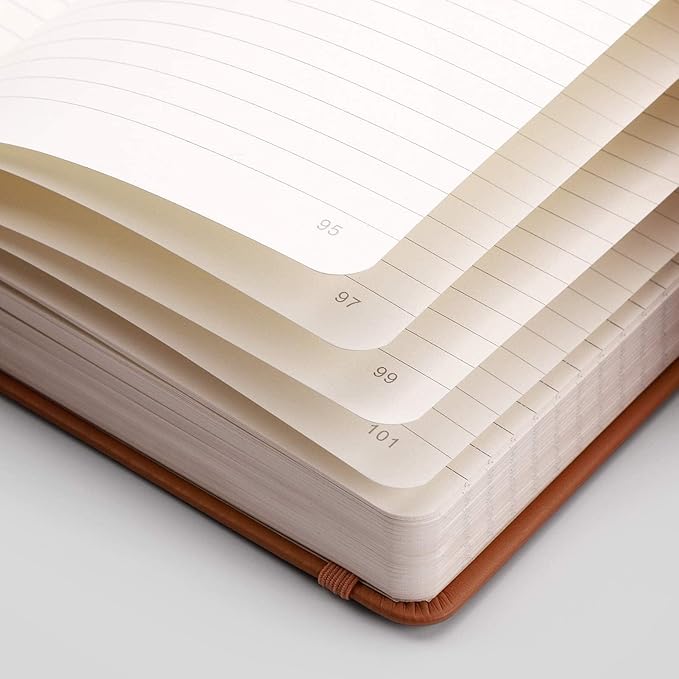 EMSHOI Lined Journal Notebook, 120 gsm Leather Hardcover with Sticky Notes & 256 Numbered A5 Pages – College Ruled Notebook for Writing, Work, School, Men, Women | 5.75”x8.38” – Brown