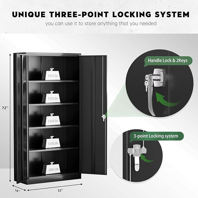 Greenvelly Metal Storage Cabinet with Lock,71" Metal Garage Cabinet with 2 Doors and 4 Adjustable Shelves,Lockable Storage Organization, Steel Tool Cabinets for Office,Home,Garage,Gym,School (Black)