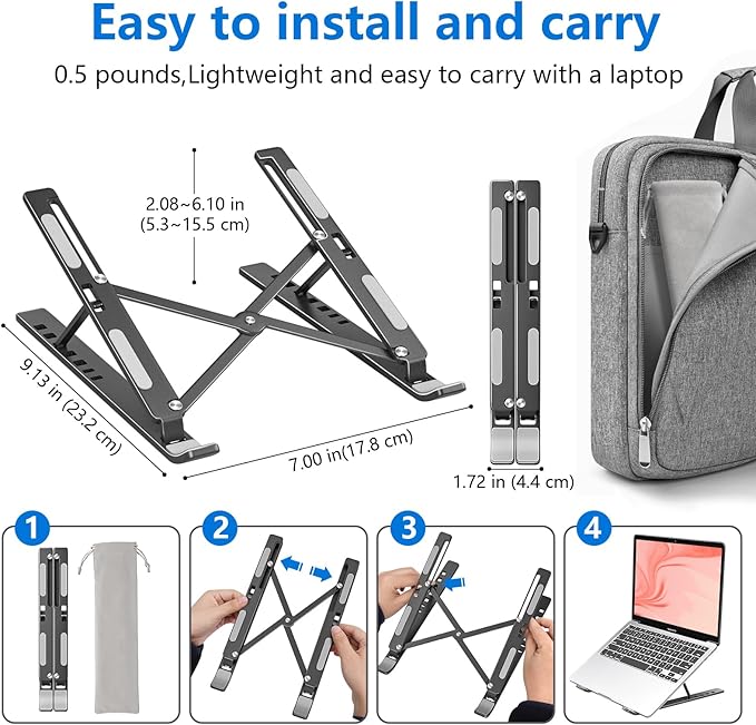 Laptop Stand for Desk, Aluminum Metal MacBook Stand,Computer Riser for Desk, Portable Foldable Adjustable Notebook Holder, Compatible with 10-15.6 Inch Laptops, iPad, Space Gray.