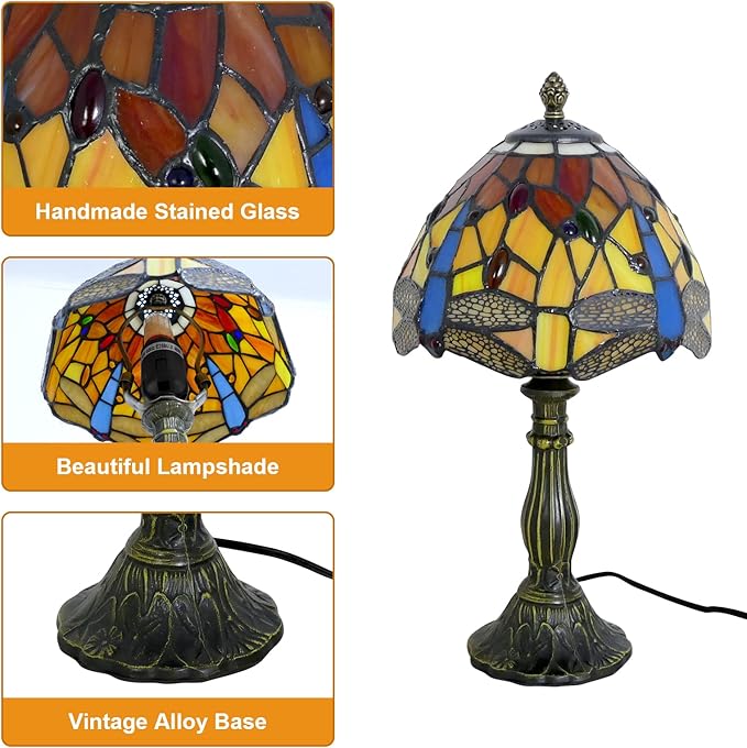 Tiffany Lamp Dragonfly Style Stained Glass Table Lamp Desk Reading Light, 8" Wide 15" Tall Bedside Table Lamp Decor for Small Space Bedroom Home Office