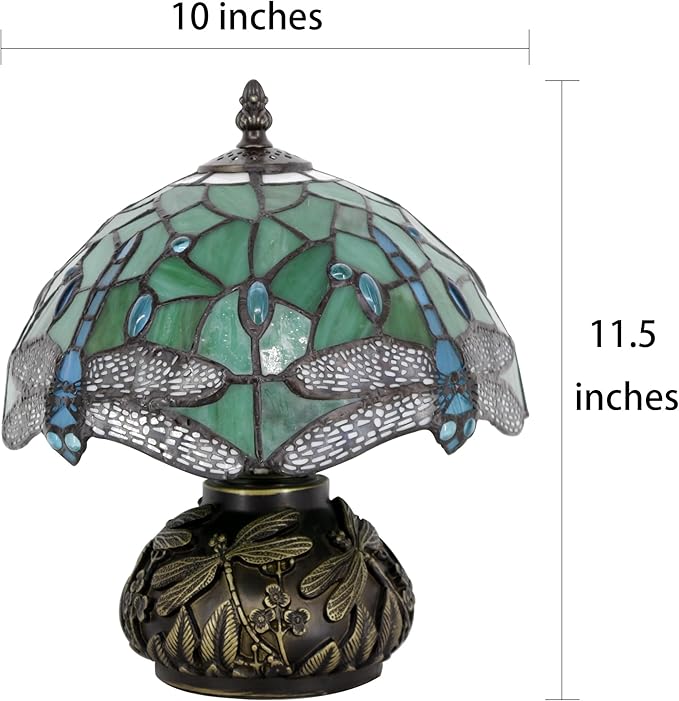 Small Tiffany Table Lamp Light Green Dragonfly Style Stained Glass Desk Lamp 10X11.5 Inch Mushroom Table Light for Office Home Living Room Bedroom