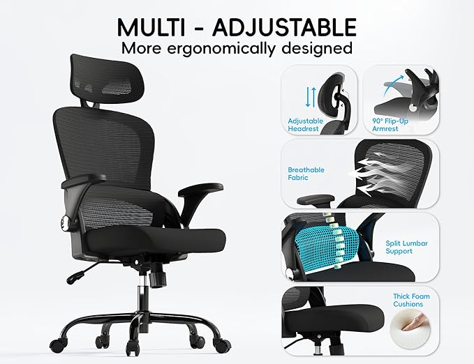 TRALT Office Chair - Ergonomic Office Chair with Back Support, Computer Chair - Home Office Desk Chair, 330 lbs Wide Seat Big and Tall Office Chairs with Headrest, Comfy Desk Chairs (Black)