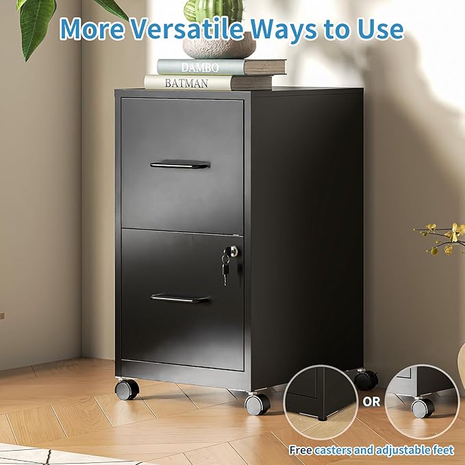 Mobile File Cabinet with Lock, 2 Drawer File Cabinets with Adujustable Feet and Wheels, Metal Office Storage Cabinet Under Desk,Vertical Filing Cabinets for Home Office, Required Assembly