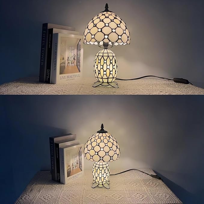 Small Tiffany Lamp Stained Glass Table Lamp Mini Mother Daughter Vase Desk Accent Night Light for Bedroom Bedside Reading Home Antique Style 8X14 Inches (White Yellow)