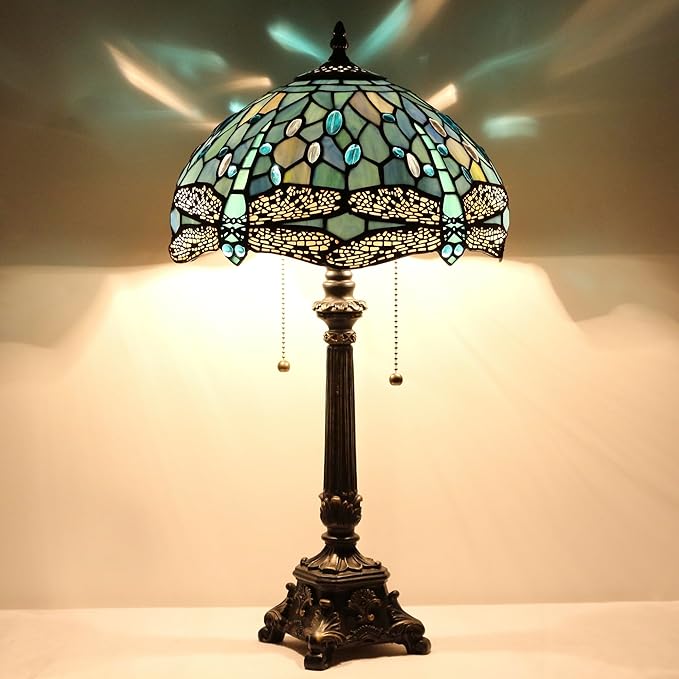 Tiffany Table Lamp Sea Blue Stained Glass Desk Lamp 12X12X21 Inches Dragonfly Style Reading Light