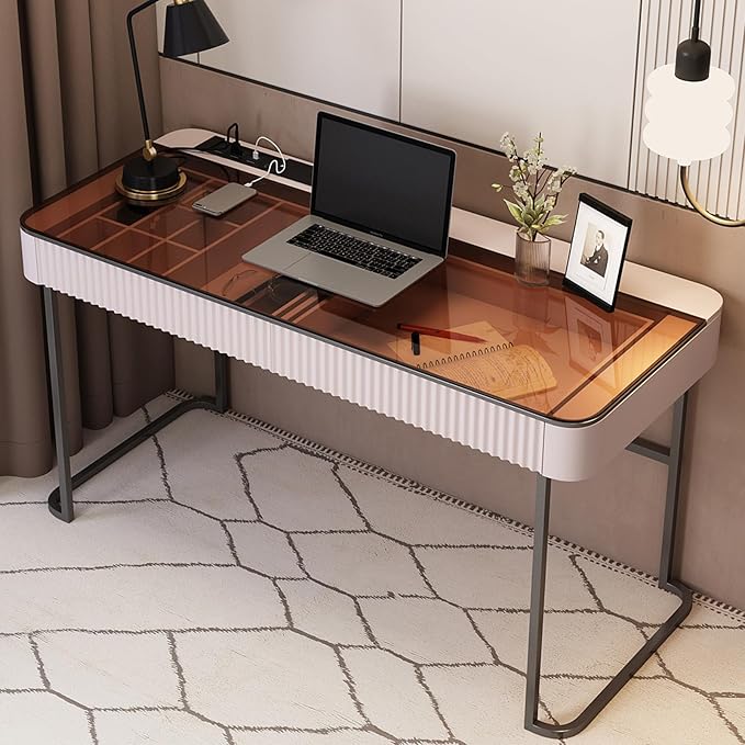 Lartis Home Office Desk Computer Desk Pale Pink Writing Desk - Makeup Vanity no Mirror Intelligent Socket with USB Port Compartmentalized Storage