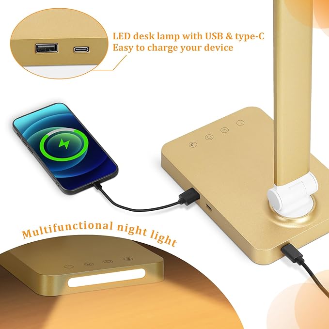 LED Desk Lamp with USB Ports,Touch Desk Lamps for Home Office with 5 Color Modes,3 Brightness Desk Light with Small Night Light,Reading Lamp Table Lamp for Bedroom Bedside Study Gold (with Adapter)