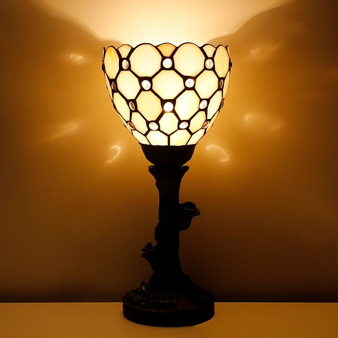 Small Tiffany Lamp Mini Stained Glass Table Lamp Cream Bead Accent Desk Uplight W6 H13.5 Inch Bronze Resin Base