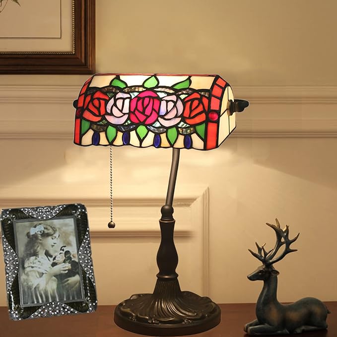 Tiffany Style Stained Glass Banker Desk Lamp, Rose Flower Pattern, Red, Pink, Green, Blue, Alloy Base, 10.62" W x 15.35" H