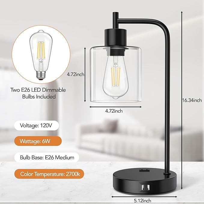 QiMH Industrial Touch Control Table Lampwith 2 USB Ports and AC Outlet, 3-Way Dimmable Bedside Nightstand Reading Lamps with Light Bulb, Glass Desk Lamp for Bedroom, Office