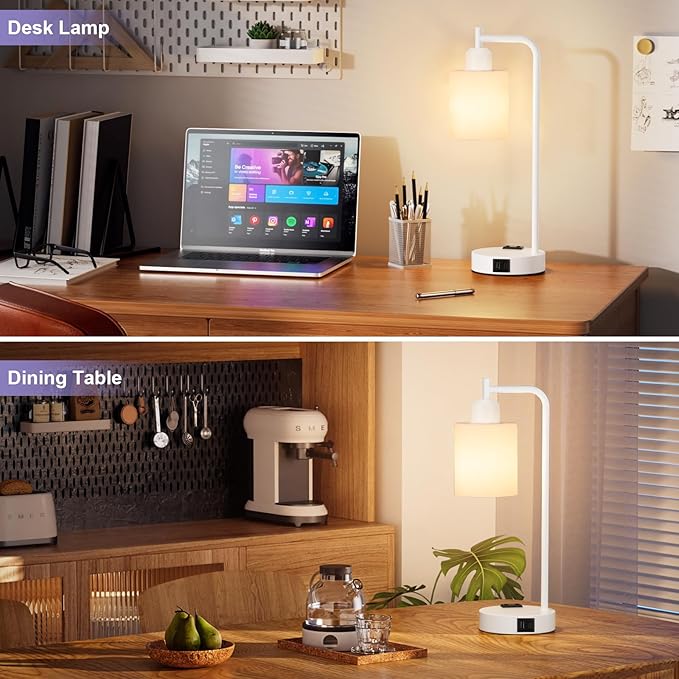 Innqoo Industrial White Table Lamps for Bedrooms Set of 2-3-Way Dimmable Desk Lamp with USB C+A Ports and Outlet, White Lamps with Opal Glass Shade for Living Room