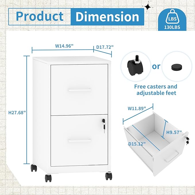 2 Drawer File Cabinet with Lock,Small Rolling Metal Office Storage Mobile Filing Cabinet Under Desk,Vertical Locking File Cabinets with Wheels for Home Office,Legal Required Assembly,White