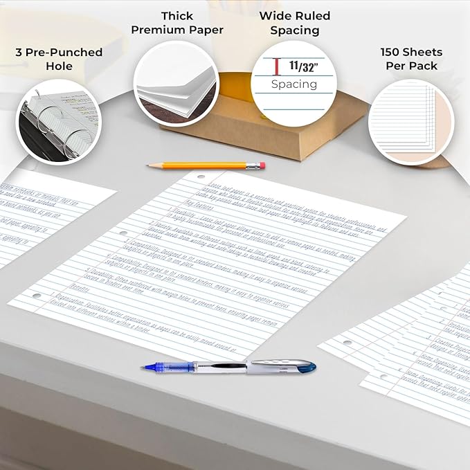 Rosmonde 576 Pack (Pallet) Loose Leaf Paper Bulk, 86400 Sheets, Wide Ruled, Pallet of Filler Paper, 150 Sheets/Pack, 8 x 10.5", 3 Hole Punched, 56 Gsm Thick Sheets, School & Office, 4-7 Days Transit