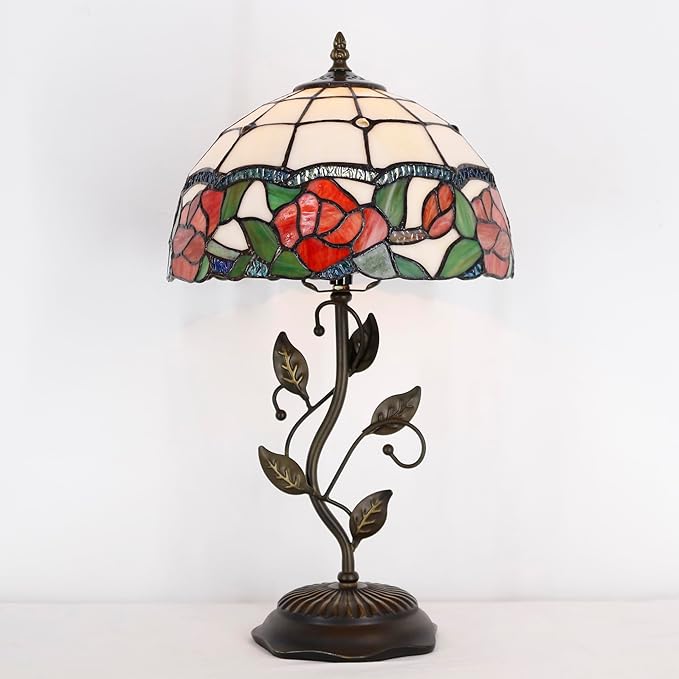 Tiffany Lamp Rose Flower Style Stained Glass Table Lamp Desk Bedside Reading Light 12X12X19 Inches with Metal Leaf Base Decor Bedroom Living Room