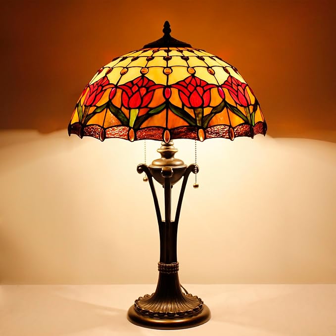 Tiffany Table Lamp Red Amber Stained Glass Desk Lamp 16X16X24 Inches Tulip Flower Style Reading Light